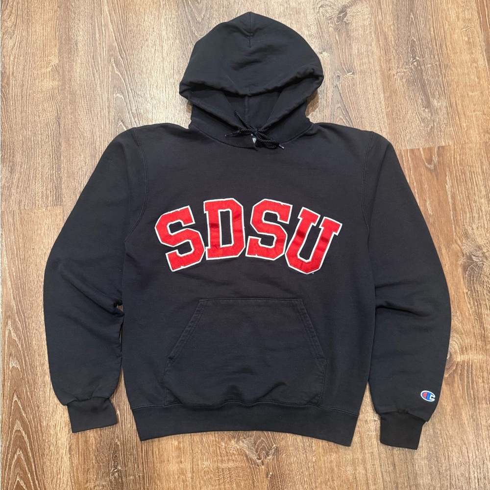 Vintage Champion Black Hoodie with Red SDSU Design
